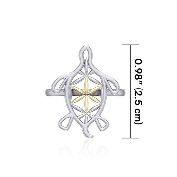 Turtle with Flower of Life Shell Silver and Gold Ring MRI1894 - Jewelry